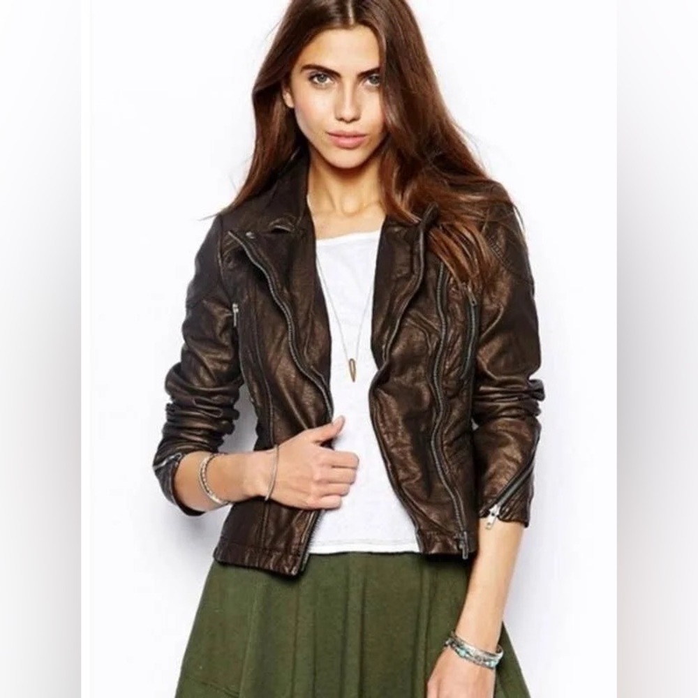 Free People Vegan Leather Bronze Metallic Biker Jacket